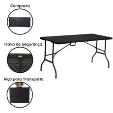 Mesa Dobrável Preta De Plástico Portátil Com Alça Leve Para Camping Praia Churrasco 152x70cm
