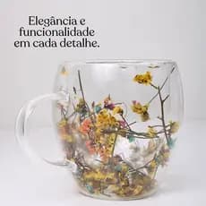 Xícara de Vidro parede  Dupla com Flores Secas 250ml • Design Elegante • Chá Café • Presente Criativo Mães