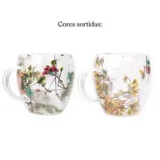 Kit Xícara de Vidro Duplo com Flores Secas 250ml – Parede Dupla • Design Elegante • Chá Café • Presente Criativ