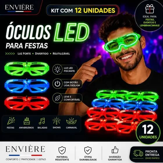 KIT Óculos LED | Neon Luminoso Festa Balada Aniversário Casamento Show COM BATERIA