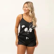 Pijama Baby Doll Canelado Feminino Adulto Estampado com Alça Fina