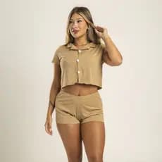 Pijama Baby Doll Curto Canelado Adulto Feminino Botão Liso