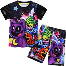 Novo desenho animado impresso gato sonolento verão médio grande crianças pulôver camiseta de manga curta + calças terno