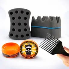 Kit Completo Esponja Nudred Dupla + Cera Modeladora 150g + Pente Garfo | Cabelo Afro Twist Crespos