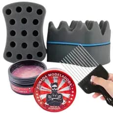 Esponja Nudred Dupla Enrolar Cabelos M 16mm + cera + Pente Afro