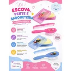 Kit Escova, Pente e Saboneteira Bebê Pepita Rosa e Azul com Estampas.
