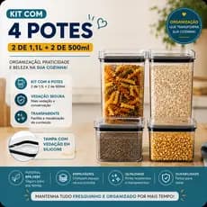 Kit 4 Unidades Potes Herméticos Acrílico - 2 Potes de 1,1L e 2 Potes de 500ml Organização Premiun