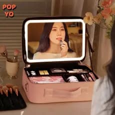 Bolsa de Maquiagem com Espelho LED Estojo Organizador de Pincéis, Make e Acessórios de Viagem POP YO