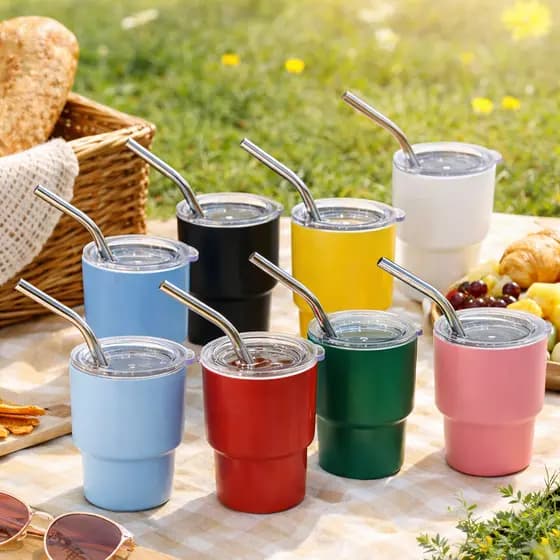 Copo Mini 90ml com Tampa e Canudo Inox Copinho Térmico Colorido para Café