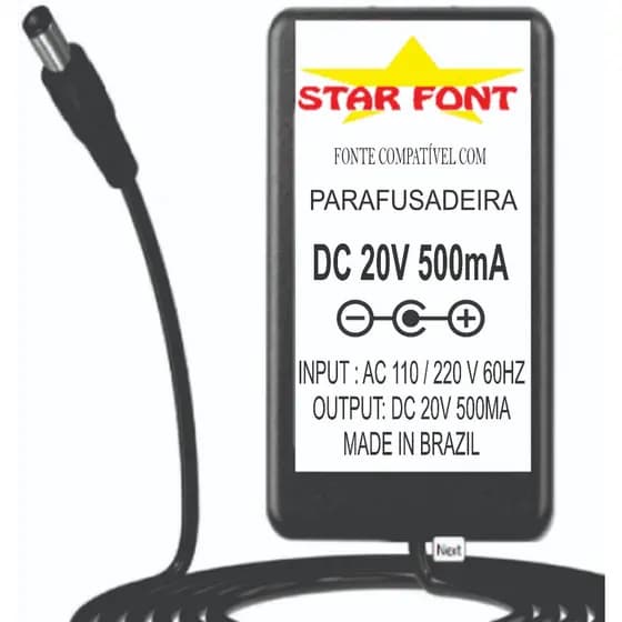 Carregador Fonte DC 20V Para Parafusadeira com Bateria De 20V