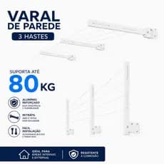Varal Retrátil De Roupa Para Parede Muro Apartamento Casa 3 hastes  100% Alumínio acompanha kit montagem 80kg Branco