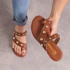 Sandalia Feminina Rasteirinha Flat Aplique Metalizado Leve e Confortavel