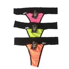 Kit 3 calcinhas neon, fio duplo, poliamida com elastano, detalhes em renda cor Rosa