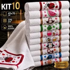 Kit 5 ou 10 Pano De Copa Jacquard ML Premium 100% Algodão Desenhos Na Barra