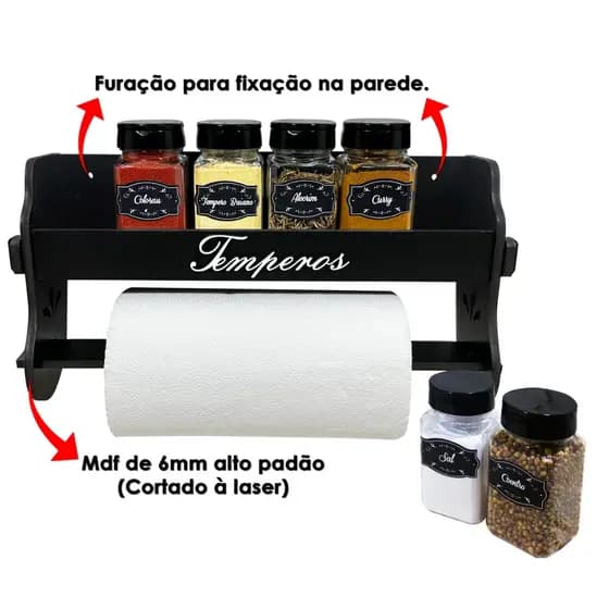 Porta Temperos/Condimentos kit 06 potes quadrado c/ Tampa Dosadora + Suporte papel toalha + Adesivos
