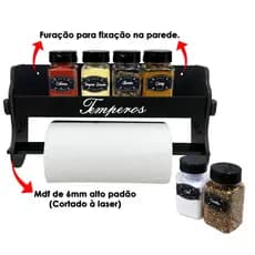 Porta Temperos/Condimentos kit 06 potes quadrado c/ Tampa Dosadora + Suporte papel toalha + Adesivos