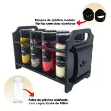 Porta Temperos/Condimentos Cozinha Madeira MDF kit 08 potes + Tampa Dosadora + Suporte + Adesivos