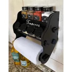 Porta Temperos/Condimentos kit 08 potes quadrado + Tampa Dosadora + Suporte papel toalha + Adesivos