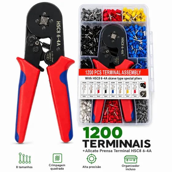 Kit Alicate Crimpar Prensa Terminais Tubular HSC8 6-4A 1200 Ilhós Elétrico Profissional AWG 23-7 0,25-10mm²