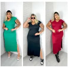 Vestido Longo Canelado com Decote em V - Variedade de Tamanhos