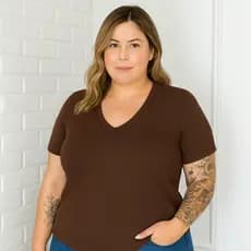 Blusa Plus Size Gola V Marrom Conforto Canelado GG ao G3