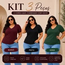 Kit 3 Blusas Femininas Plus Size Gola V Canelada Manga Curta Confortável Várias Cores