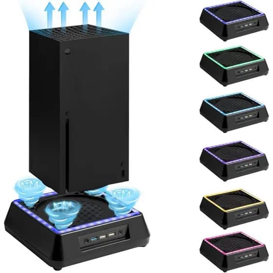 Ventilador de Resfriamento para Xbox Series X, Ventilador de Resfriamento com Sistema de Velocidade Ajustável em 3 Níveis, Baixo Ruído, 3 Portas USB Extras, Luz RGB LED de 6 Cores