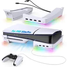 Suporte Horizontal RGB para Console PS5 Pro/PS5 Slim com 14 Modos de Luz e 4 Portas USB