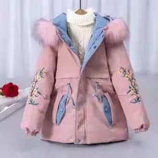 Casaco Parka Nylon Flor Bordado Capuz Pelos Infantil Menina Look Piramide