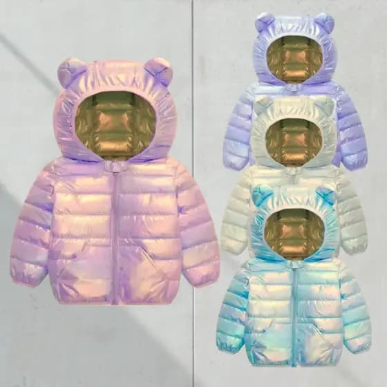 Casaco Nylon Metálico Urso Peluciado Infantil Com Orelhas Jaqueta Menina Menino Fofo Escola Frio