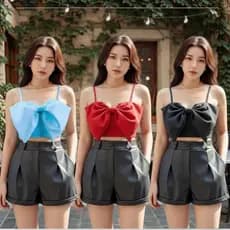 Cropped Top Laço Alfaiataria Alças Finas Moda Verão Colorido