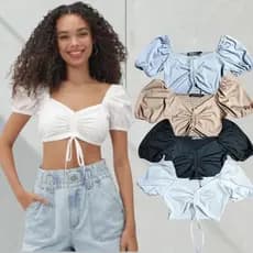 Cropped Ajustável Manga Princesa Moda Feminina Verão S/ Bojo