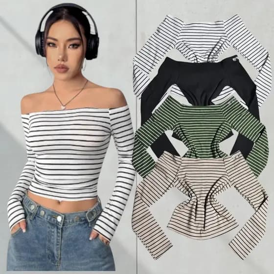 Blusa Algodão Listrada Ciganinha Manga Longa Moda Verão