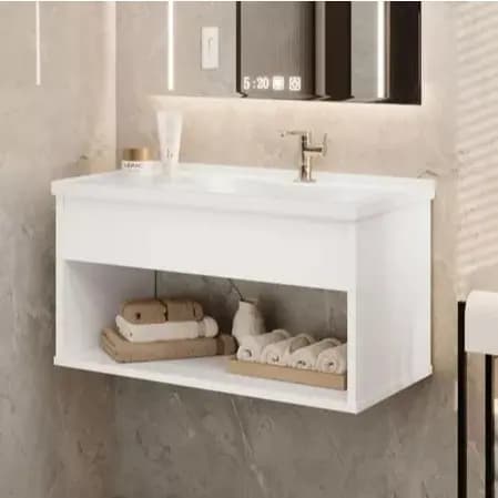 Gabinete De banheiro Suspenso Nichco Com Cuba Mármore Sintético - Sem Cuba - 60cm Branco - Preto RM