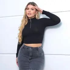 Blusa Feminina Cropped Canelado Manga Longa com Ziper Tecido Premium