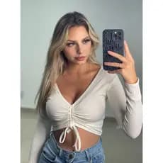 Cropped Feminino Canelado Manga Longa de Puxar Tecido Premium