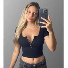 Cropped Com Ziper Gola U Manga Curta Blusa Feminina  Canelado Premium
