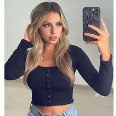 Blusa Feminina Cropped Canelado Manga Longa Gola Canoa