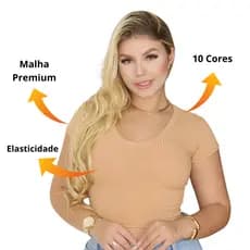 Cropped Feminino Malha Canelada Manga Curta Decote em V Confortável Várias Cores
