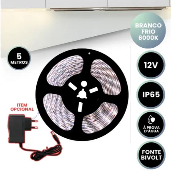 Fita Led 5 Metros Com Fonte Branco Frio Branco Quente A PROVA D ÁGUA Bivolt 300 Leds Ip65 Silicone