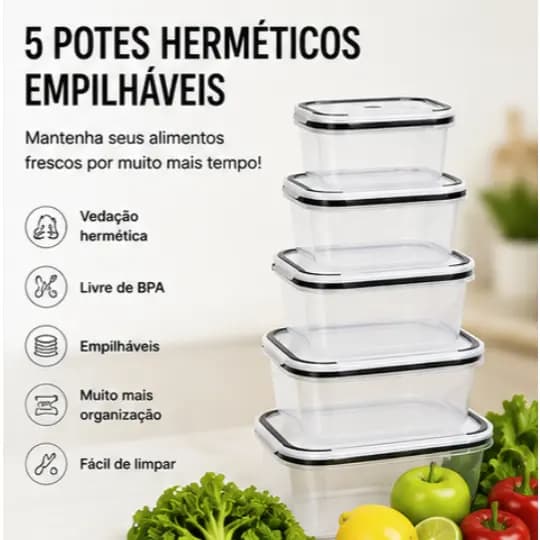 Conjunto 5 Potes Organizadores Herméticos Com Tampa Vedada Para Alimentos
