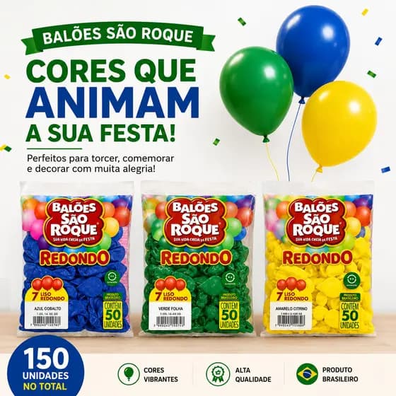 Kit Balão  São Roque Copa Do Mundo Azul Verde E Amarelo Nu 7/ 3 Pacotes 150 unidades