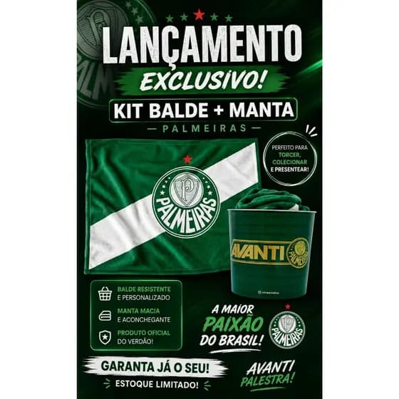 Kit Presente Palmeiras Namorados Manta Balde Pipoca Oficial