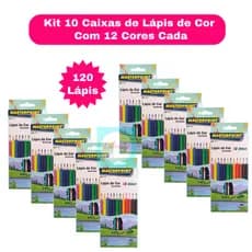 Kit 10 Caixas Lápis de Cor 12 Cores Sextavado Cores Vivas Atóxico Escolar Masterprint - 120 lápis