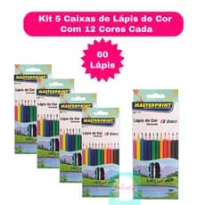 Kit 5 Caixas de Lápis de Cor 12 Cores Sextavado Masterprint - 60 Lápis Escolar