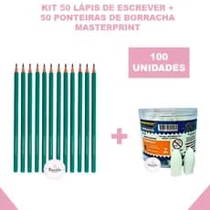 Kit 50 Lápis de Escrever Resina Nº2 Preto + 50 Borracha Ponteira Branca Material Escolar Masterprint
