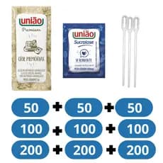 Kit Sachê Açúcar União + Sachê Adoçante Sucralose União + Mexedor p/ Café Descartável - Escolha: 50un / 100un / 200 un