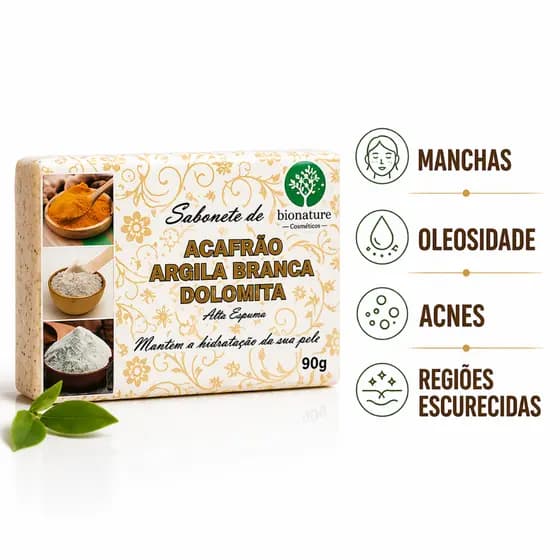 Sabonete Natural de Açafrão, Argila Branca e Dolomita BIONATURE – Limpeza, Clareamento e Hidratação