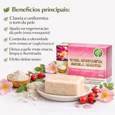 Sabonete de Rosa Mosqueta com argila branca 90g clareador anti acne oleosidade e rejuvenescimento