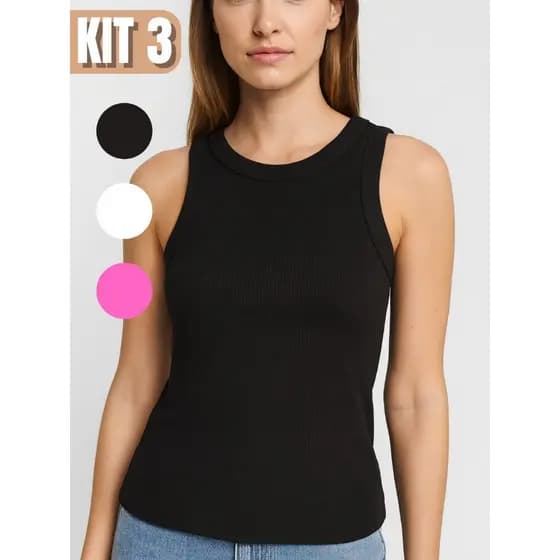 Kit 3 Regata Canelada Feminina Blusa Básica Camiseta Casual Dia a Dia